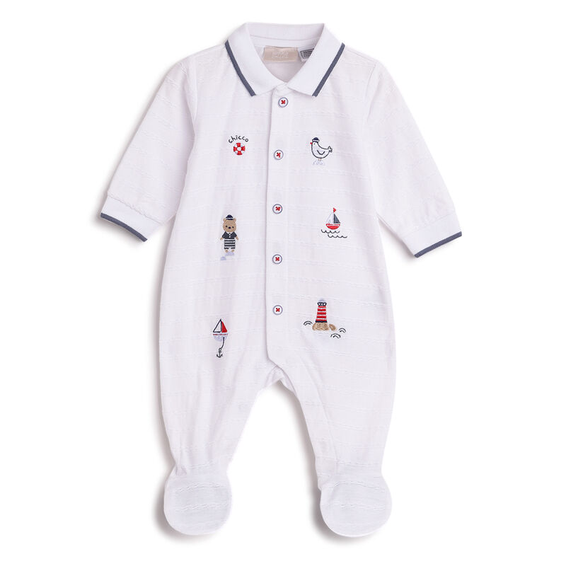 Boys White Applique Front Opening Babysuit image number 0